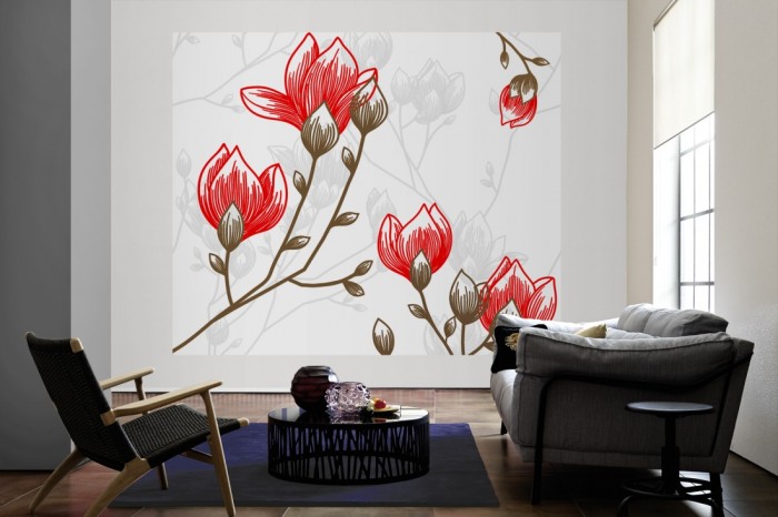 Die Design-Fototapete Magnolien, Artwork als große Bildtapete im Wohnzimmer. Als Bildtapete ist die Design-Fototapete Magnolien, Artwork ein besonderes Highlight auf Vliestapete.
