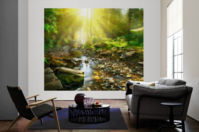 Die Fototapete Waldbach bei Sonnenschein als große Bildtapete im Wohnzimmer. Als Bildtapete ist die Fototapete Waldbach bei Sonnenschein ein besonderes Highlight auf Vliestapete.