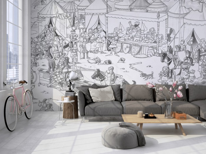 Die Fototapete Fest im Mittelalter, Wimmelbild zum Ausmalen auf einer großen Wand im Loft tapeziert. Die Fototapete Fest im Mittelalter, Wimmelbild zum Ausmalen wird individuell auf Deine Wand angepasst.