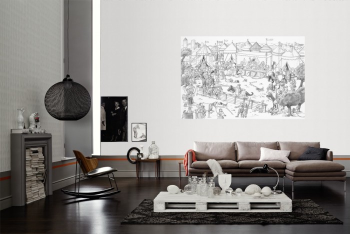 Die Fototapete Fest im Mittelalter, Wimmelbild zum Ausmalen als Wandbild im Wohnzimmer. Die Vlies-Fototapete Fest im Mittelalter, Wimmelbild zum Ausmalen verschönert als Wandbild Deine Wand.