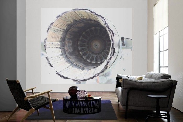 Die Fototapete Flugzeug Turbine als große Bildtapete im Wohnzimmer. Als Bildtapete ist die Fototapete Flugzeug Turbine ein besonderes Highlight auf Vliestapete.