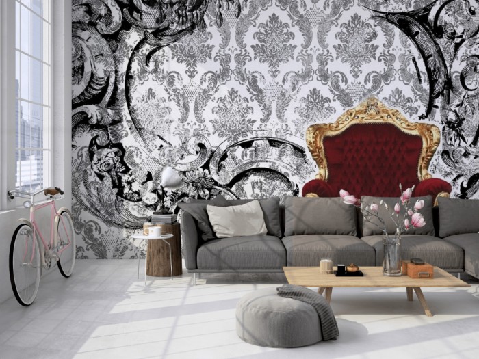Die Design-Fototapete Barock Sessel, Artwork auf einer großen Wand im Loft tapeziert. Die Design-Fototapete Barock Sessel, Artwork wird individuell auf Deine Wand angepasst.