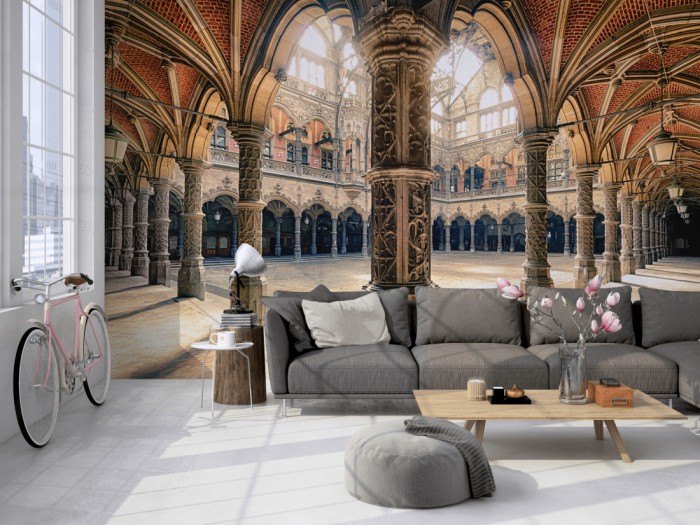 Die Fototapete Antwerpener Börse aus dem 19. Jahrhundert auf einer großen Wand im Loft tapeziert. Die Fototapete Antwerpener Börse aus dem 19. Jahrhundert wird individuell auf Deine Wand angepasst.