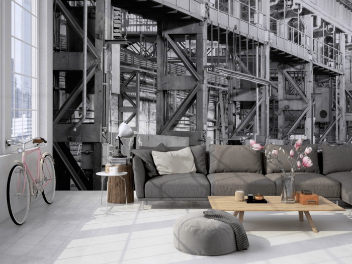 Die Fototapete Industriegebäude, schwarz-weiß auf einer großen Wand im Loft tapeziert. Die Fototapete Industriegebäude, schwarz-weiß wird individuell auf Deine Wand angepasst.