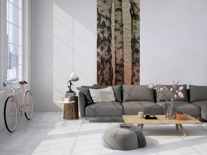 Das Design-Fotopanel Birkenwald auf Papier, Vintage tapeziert in einem Loft. Bestelle die Bildtapete für Deine Wand online.