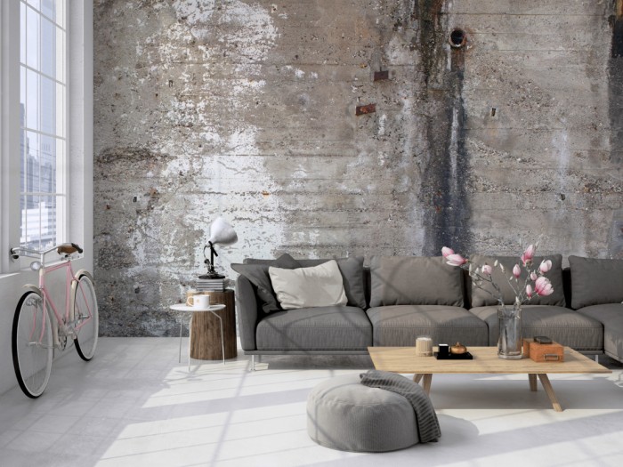 Die Fototapete Beton Wand, Vintage Wand auf einer großen Wand im Loft tapeziert. Die Fototapete Beton Wand, Vintage Wand wird individuell auf Deine Wand angepasst.