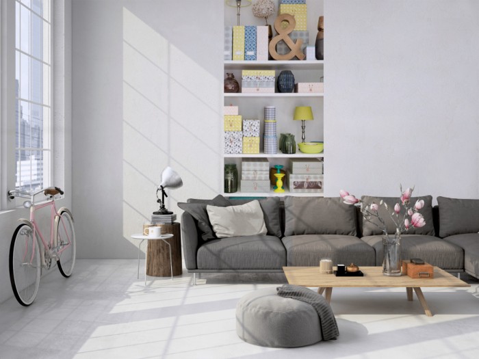 Das 3D-Fotopanel Regal mit bunten Gegenständen tapeziert in einem Loft. Bestelle die Bildtapete für Deine Wand online.