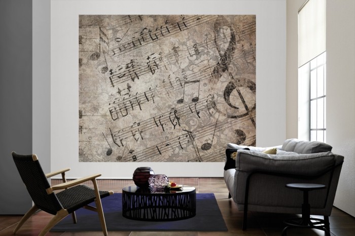 Die Design-Fototapete Musik Vintage, Artwork als große Bildtapete im Wohnzimmer. Als Bildtapete ist die Design-Fototapete Musik Vintage, Artwork ein besonderes Highlight auf Vliestapete.