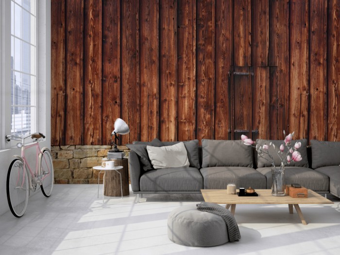 Die Fototapete Holz Wand, alte Scheune auf einer großen Wand im Loft tapeziert. Die Fototapete Holz Wand, alte Scheune wird individuell auf Deine Wand angepasst.