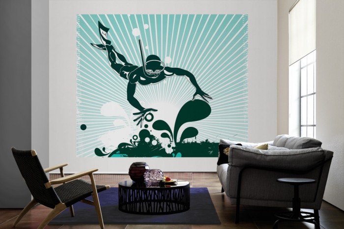 Die Design-Fototapete Taucher, Artwork als große Bildtapete im Wohnzimmer. Als Bildtapete ist die Design-Fototapete Taucher, Artwork ein besonderes Highlight auf Vliestapete.