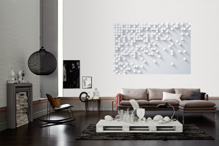 Die Design-Fototapete 3D-Geometrie graue Würfel als Wandbild im Wohnzimmer. Die Vlies-Design-Fototapete 3D-Geometrie graue Würfel verschönert als Wandbild Deine Wand.
