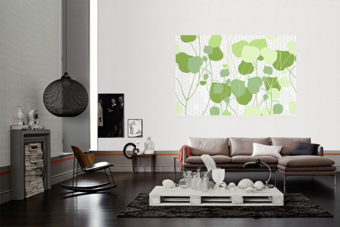 Die Design-Fototapete Blätter Ranken, Artwork als Wandbild im Wohnzimmer. Die Vlies-Design-Fototapete Blätter Ranken, Artwork verschönert als Wandbild Deine Wand.