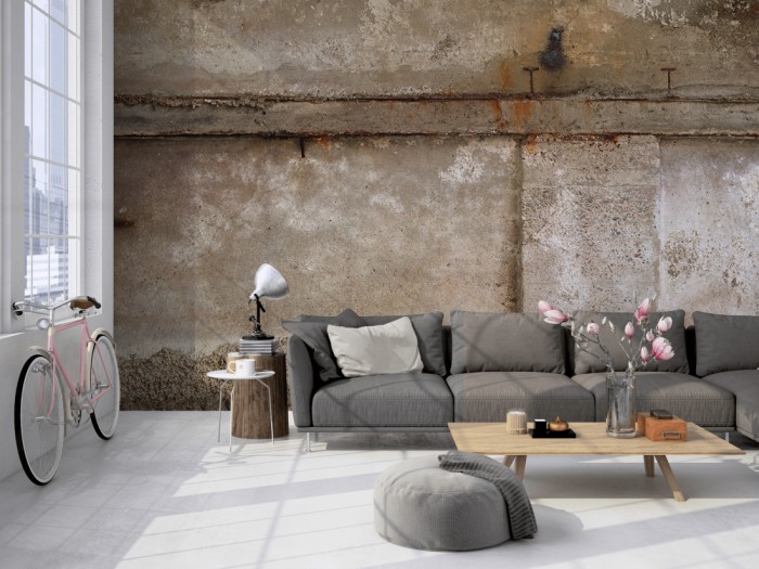 Die Fototapete Vintage Wand, alte Fabrik auf einer großen Wand im Loft tapeziert. Die Fototapete Vintage Wand, alte Fabrik wird individuell auf Deine Wand angepasst.