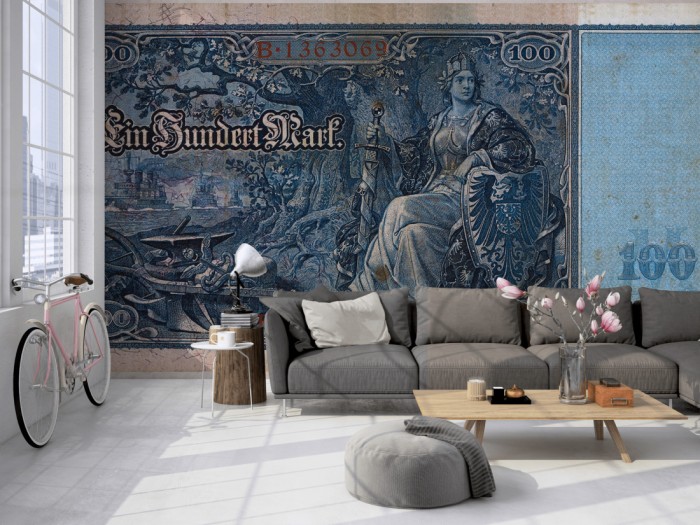 Die Fototapete Alter Geldschein, 100 Mark ca. 1908 auf einer großen Wand im Loft tapeziert. Die Fototapete Alter Geldschein, 100 Mark ca. 1908 wird individuell auf Deine Wand angepasst.