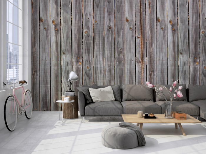 Die Fototapete Holz Wand, vergraute Bretter auf einer großen Wand im Loft tapeziert. Die Fototapete Holz Wand, vergraute Bretter wird individuell auf Deine Wand angepasst.