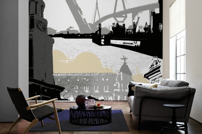 Im Wohnzimmer die Design-Fototapete Hamburg Deutschland, Artwork auf einer großen Wand tapeziert. Die Design-Fototapete Hamburg Deutschland, Artwork ist als Vlies-Fototapete im Wohnzimmer leicht zu tapezieren.