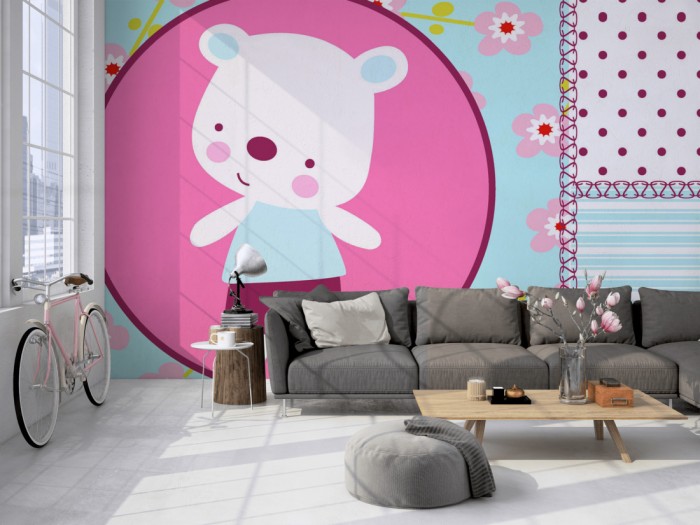 Die Fototapete Bären-Baby, Patchwork-Design auf einer großen Wand im Loft tapeziert. Die Fototapete Bären-Baby, Patchwork-Design wird individuell auf Deine Wand angepasst.