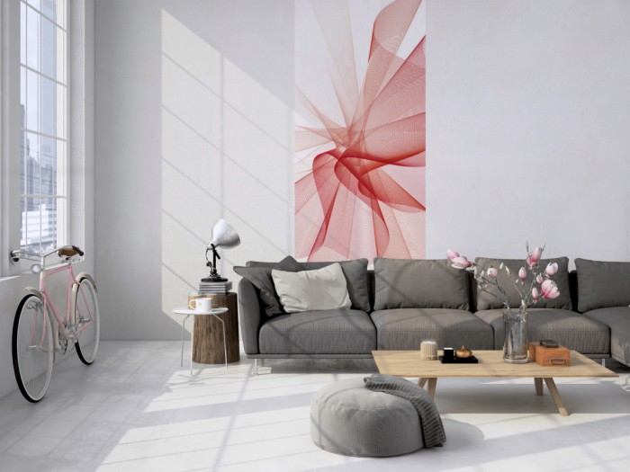 Das 3D-Design-Fotopanel Plastische Form Rot, Artwork tapeziert in einem Loft. Bestelle die Bildtapete für Deine Wand online.