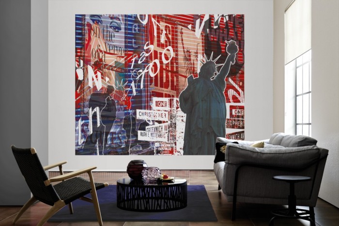 Die Designer-Fototapete Manhattan in New York, Artwork by Mylumi als große Bildtapete im Wohnzimmer. Als Bildtapete ist die Designer-Fototapete Manhattan in New York, Artwork by Mylumi ein besonderes Highlight auf Vliestapete.