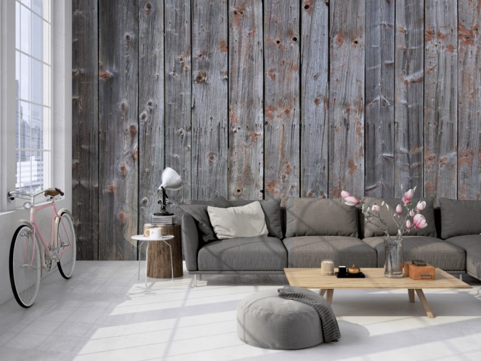 Die Fototapete Holz Wand, blau-graue Holzbretter auf einer großen Wand im Loft tapeziert. Die Fototapete Holz Wand, blau-graue Holzbretter wird individuell auf Deine Wand angepasst.