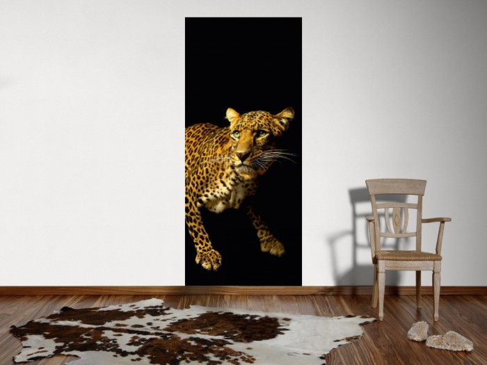 Ein Foto von dem 3D-Fotopanel Leopard mit Schwarzem Hintergrund tapeziert an der Wand. Bestelle Deine Bildtapete online.