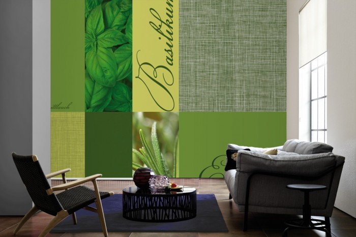 Im Wohnzimmer die Design-Fototapete Kräuter, Artwork auf einer großen Wand tapeziert. Die Design-Fototapete Kräuter, Artwork ist als Vlies-Fototapete im Wohnzimmer leicht zu tapezieren.