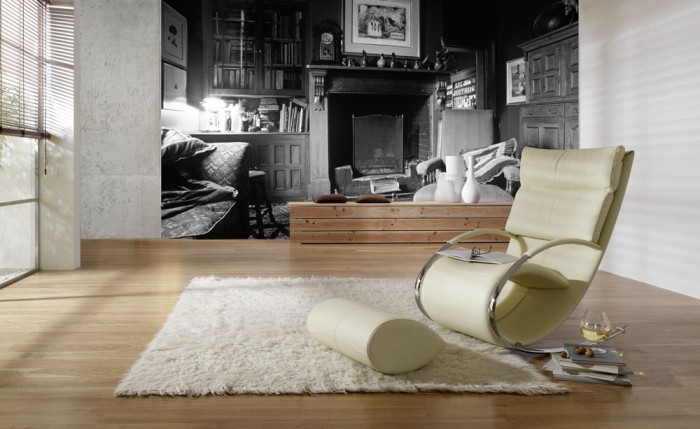 3D-Fototapete Wohnzimmer mit Kamin, schwarz-weiß