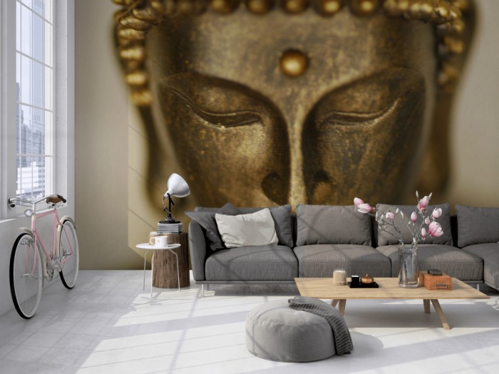Die Fototapete Buddha, Gesicht der Buddhastatue auf einer großen Wand im Loft tapeziert. Die Fototapete Buddha, Gesicht der Buddhastatue wird individuell auf Deine Wand angepasst.