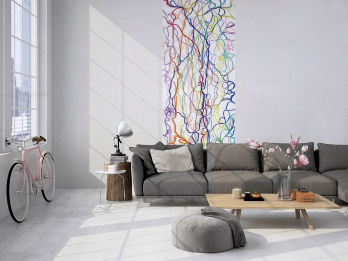 Das 3D-Design-Fotopanel Bunte Linien, Artwork tapeziert in einem Loft. Bestelle die Bildtapete für Deine Wand online.