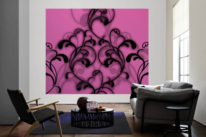 Die Designtapete Modernes Ornament, Pink als große Bildtapete im Wohnzimmer. Als Bildtapete ist die Designtapete Modernes Ornament, Pink ein besonderes Highlight auf Vliestapete.