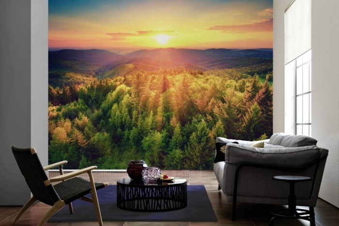 Im Wohnzimmer die Fototapete Sonnenuntergang über dem Wald auf einer großen Wand tapeziert. Die Fototapete Sonnenuntergang über dem Wald ist als Vlies-Fototapete im Wohnzimmer leicht zu tapezieren.