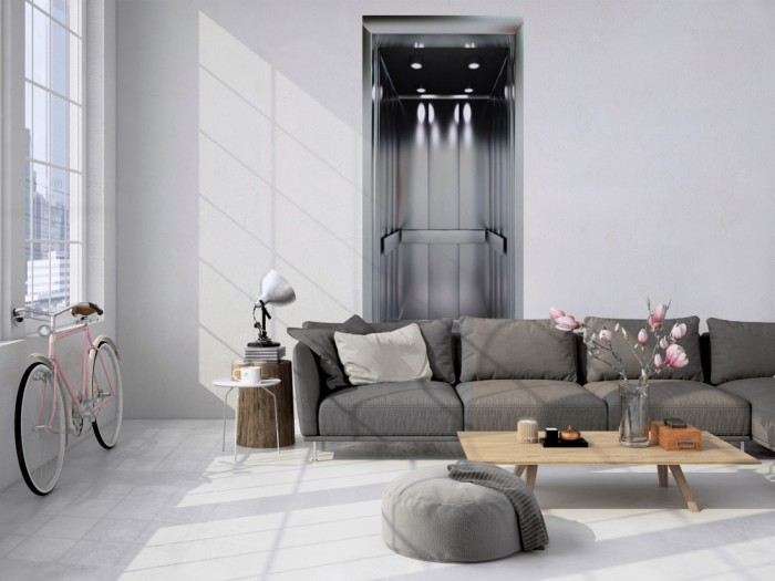 Das 3D Fotopanel Moderner Aufzug tapeziert in einem Loft. Bestelle die Bildtapete für Deine Wand online.