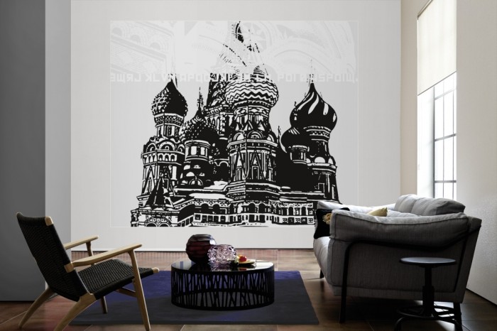 Die Design-Fototapete Moskau Russland, Artwork als große Bildtapete im Wohnzimmer. Als Bildtapete ist die Design-Fototapete Moskau Russland, Artwork ein besonderes Highlight auf Vliestapete.