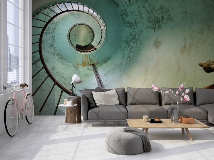 Die Fototapete Vintage Villa Treppenhaus, Lost Places auf einer großen Wand im Loft tapeziert. Die Fototapete Vintage Villa Treppenhaus, Lost Places wird individuell auf Deine Wand angepasst.