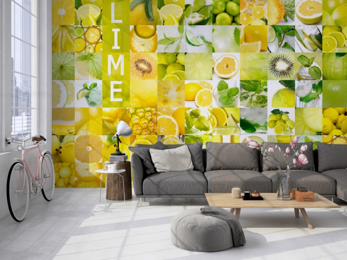 Die Design-Fototapete Zitrone und Früchte, Artwork auf einer großen Wand im Loft tapeziert. Die Design-Fototapete Zitrone und Früchte, Artwork wird individuell auf Deine Wand angepasst.