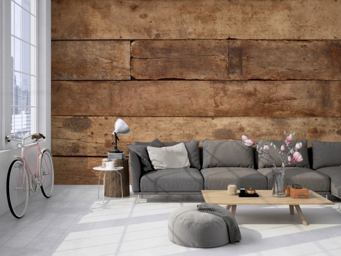 Die Fototapete Holz Wand, alte Eiche auf einer großen Wand im Loft tapeziert. Die Fototapete Holz Wand, alte Eiche wird individuell auf Deine Wand angepasst.