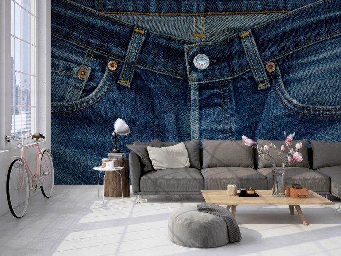 Die Fototapete Levis Jeans auf einer großen Wand im Loft tapeziert. Die Fototapete Levis Jeans wird individuell auf Deine Wand angepasst.