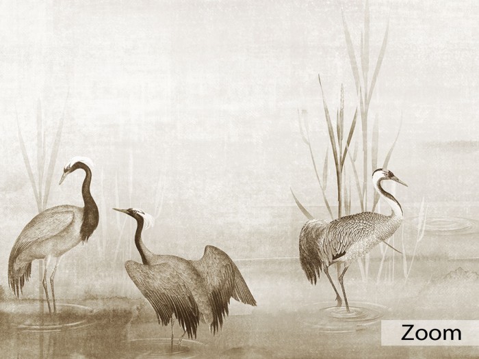 Detailansicht der beigen Kranichtapete Pond of Crane Wallpaper