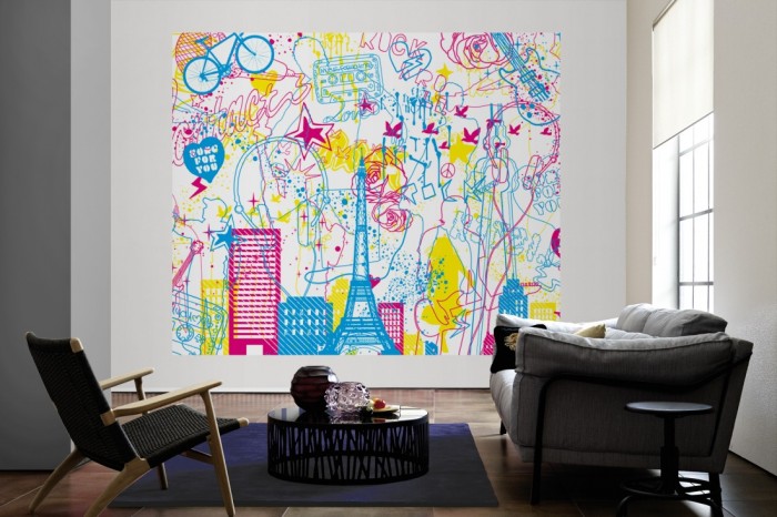 Die Designer-Fototapete Chamäleon-Effekt Musik der Städte als große Bildtapete im Wohnzimmer. Als Bildtapete ist die Designer-Fototapete Chamäleon-Effekt Musik der Städte ein besonderes Highlight auf Vliestapete.