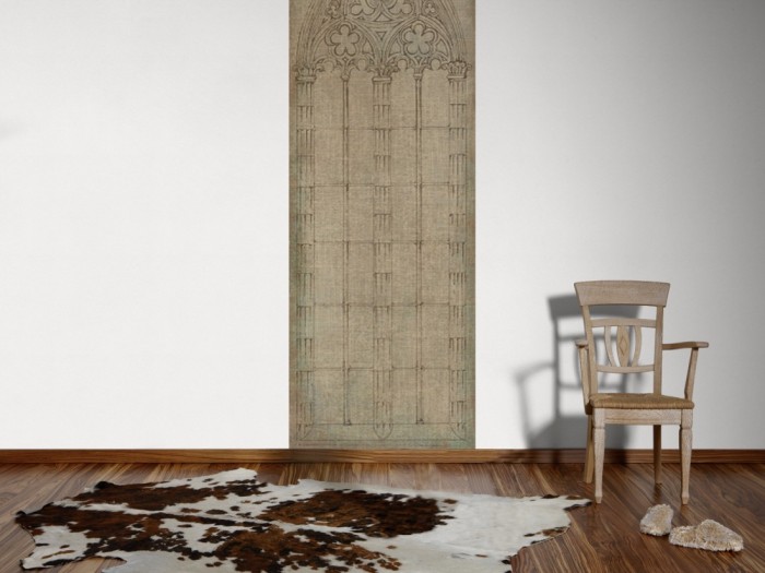 Ein Foto von dem Design-Fotopanel Altes Kirchenfenster, Zeichnung tapeziert an der Wand. Bestelle Deine Bildtapete online.