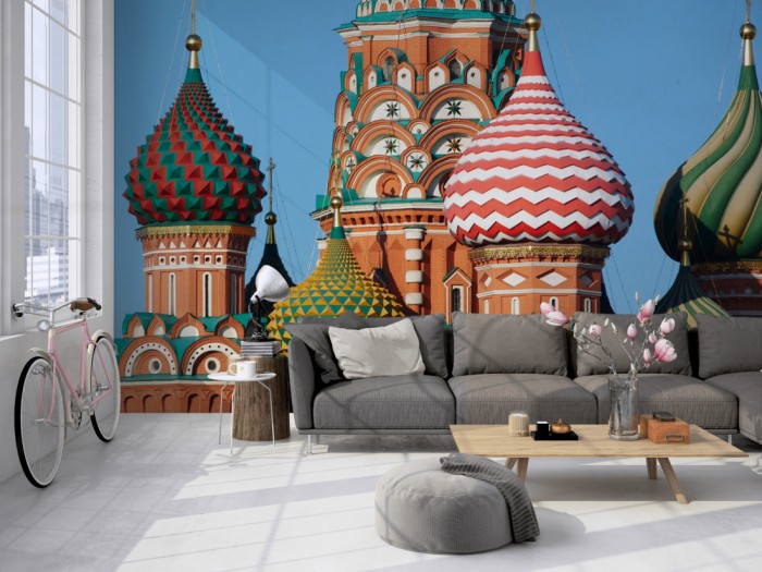 Die Fototapete Basilius-Kathedrale in Moskau, Russland auf einer großen Wand im Loft tapeziert. Die Fototapete Basilius-Kathedrale in Moskau, Russland wird individuell auf Deine Wand angepasst.