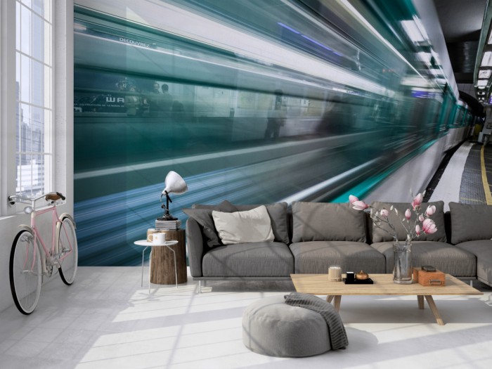 Die Fototapete Metro in Paris, U-Bahn Station auf einer großen Wand im Loft tapeziert. Die Fototapete Metro in Paris, U-Bahn Station wird individuell auf Deine Wand angepasst.