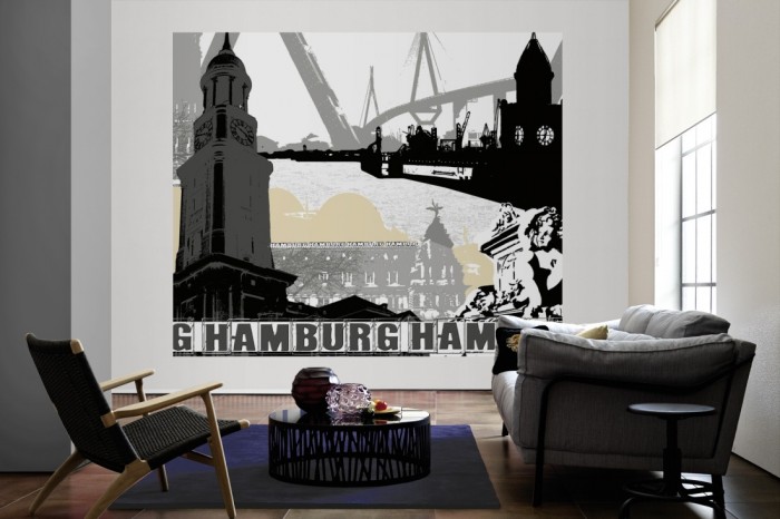 Die Design-Fototapete Hamburg Deutschland, Artwork als große Bildtapete im Wohnzimmer. Als Bildtapete ist die Design-Fototapete Hamburg Deutschland, Artwork ein besonderes Highlight auf Vliestapete.