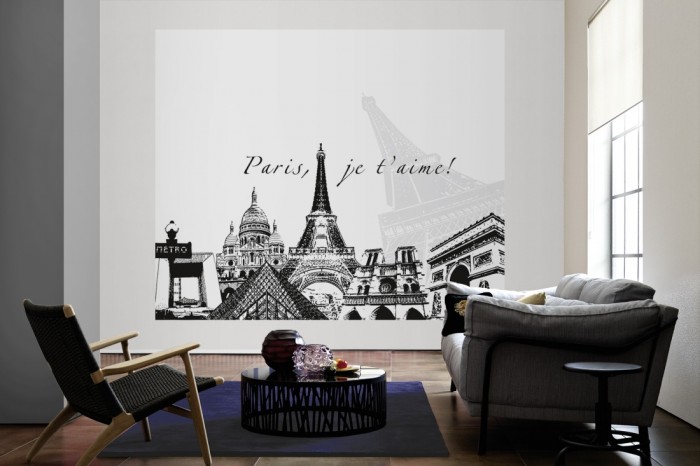 Die Design-Fototapete Paris Frankreich, Artwork als große Bildtapete im Wohnzimmer. Als Bildtapete ist die Design-Fototapete Paris Frankreich, Artwork ein besonderes Highlight auf Vliestapete.