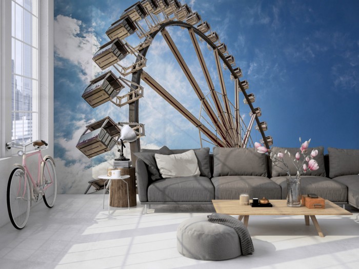 Die Fototapete Riesenrad in Berlin, Alexanderplatz auf einer großen Wand im Loft tapeziert. Die Fototapete Riesenrad in Berlin, Alexanderplatz wird individuell auf Deine Wand angepasst.