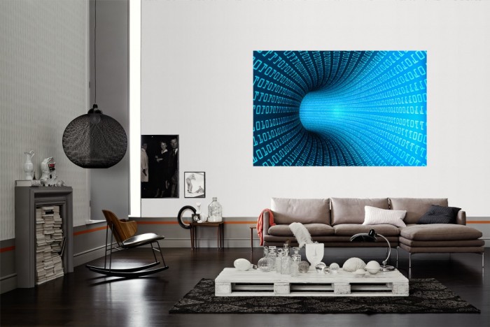 Die Design-Fototapete Digital Tunnel als Wandbild im Wohnzimmer. Die Vlies-Design-Fototapete Digital Tunnel verschönert als Wandbild Deine Wand.
