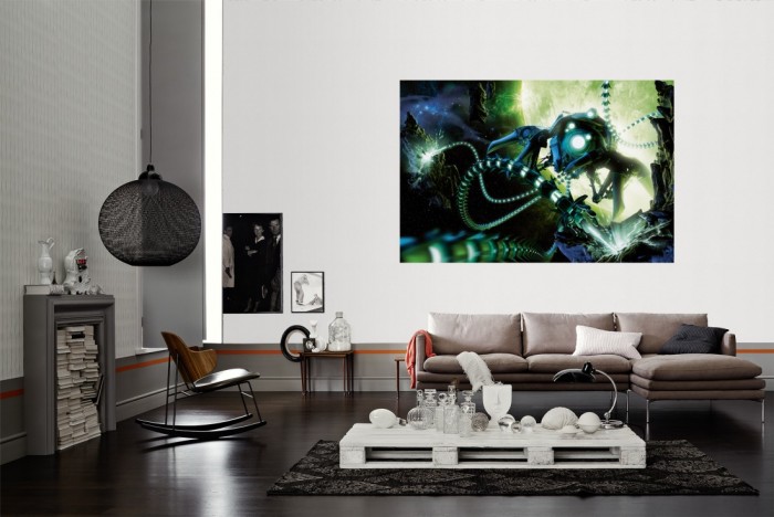 Die Fototapete Roboter im Weltraum, Science Fiction als Wandbild im Wohnzimmer. Die Vlies-Fototapete Roboter im Weltraum, Science Fiction verschönert als Wandbild Deine Wand.