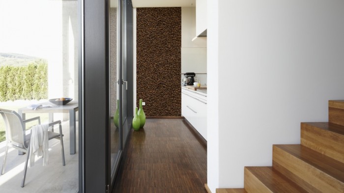 Ein Foto von dem 3D-Fotopanel Kaffee und Espressobohnen tapeziert in der Küche. Bestelle Deine Bildtapete online.