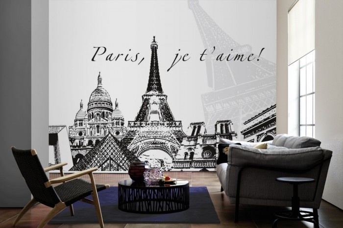 Im Wohnzimmer die Design-Fototapete Paris Frankreich, Artwork auf einer großen Wand tapeziert. Die Design-Fototapete Paris Frankreich, Artwork ist als Vlies-Fototapete im Wohnzimmer leicht zu tapezieren.