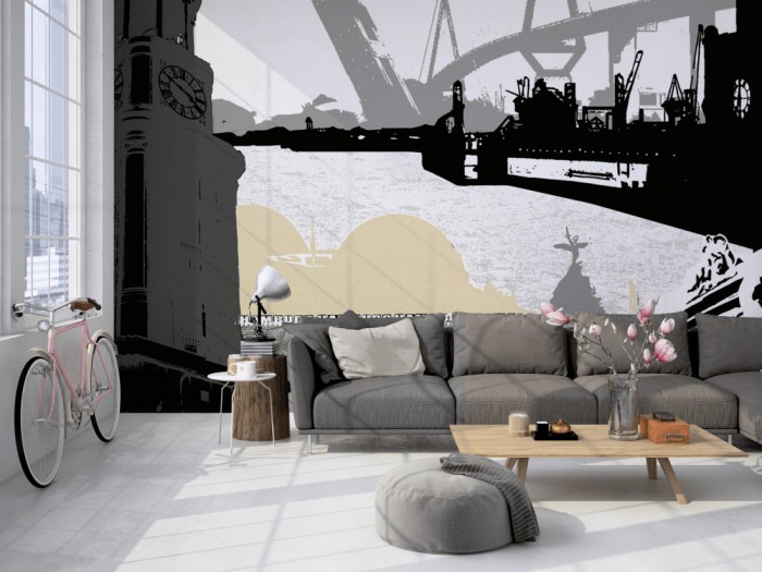 Die Design-Fototapete Hamburg Deutschland, Artwork auf einer großen Wand im Loft tapeziert. Die Design-Fototapete Hamburg Deutschland, Artwork wird individuell auf Deine Wand angepasst.